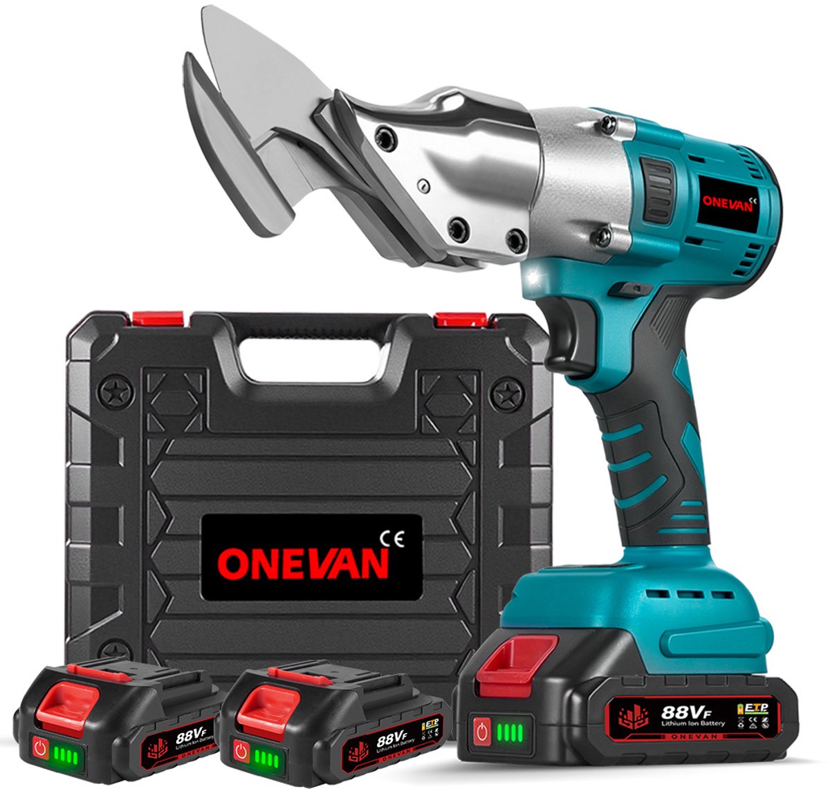 ONEVAN Accu Blikschaar - 2mm Elektrische Blikscharen - 280 Nm Accu Plaatschaar - Met 2 x Accu en oplader - 2 Variabele Snelheid - voor Plaatwerk, roestvrij staal, aluminium