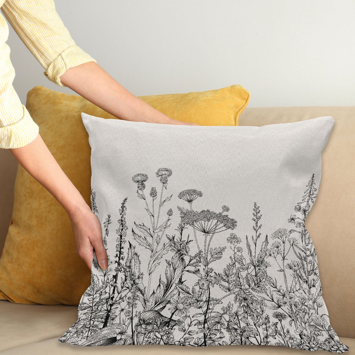 ABAKUHAUS Bloemenkussenhoes – Wildbloemen, Botanisch – 45x45 cm, Licht Eierschaal/Grijs licht eierschaal/donkergrijs