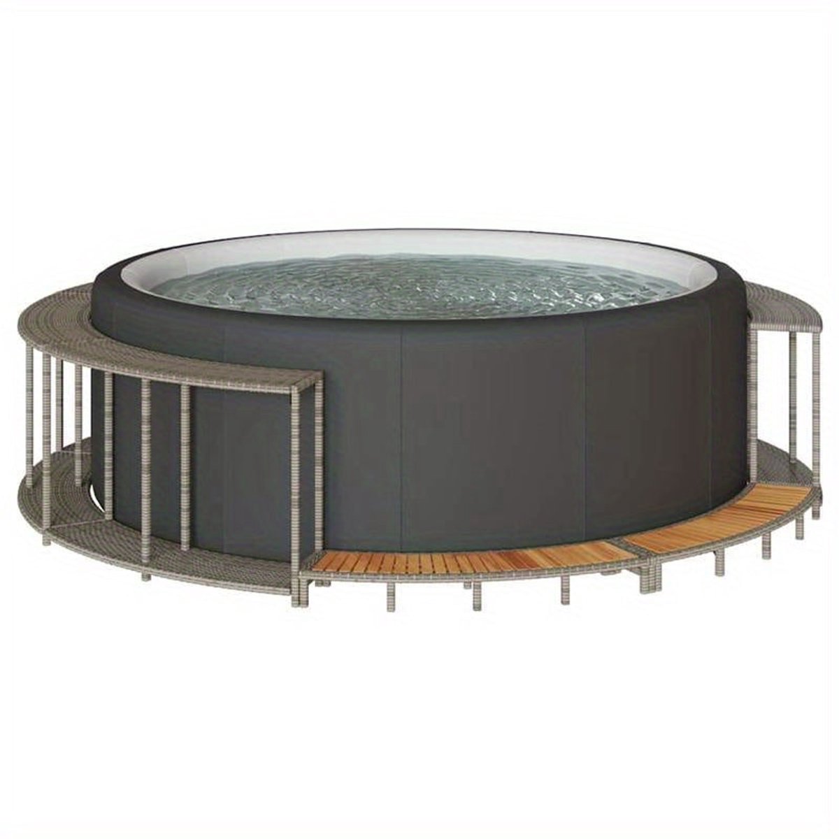 Hot Tub Omkasting – Badkuip Accessoires – Zwembad Trap – Opbergoplossing – Hottub Omranding – Grijs Poly Rattan – Houten Treden – Duurzaam Materiaal – Ruime Opbergruimte