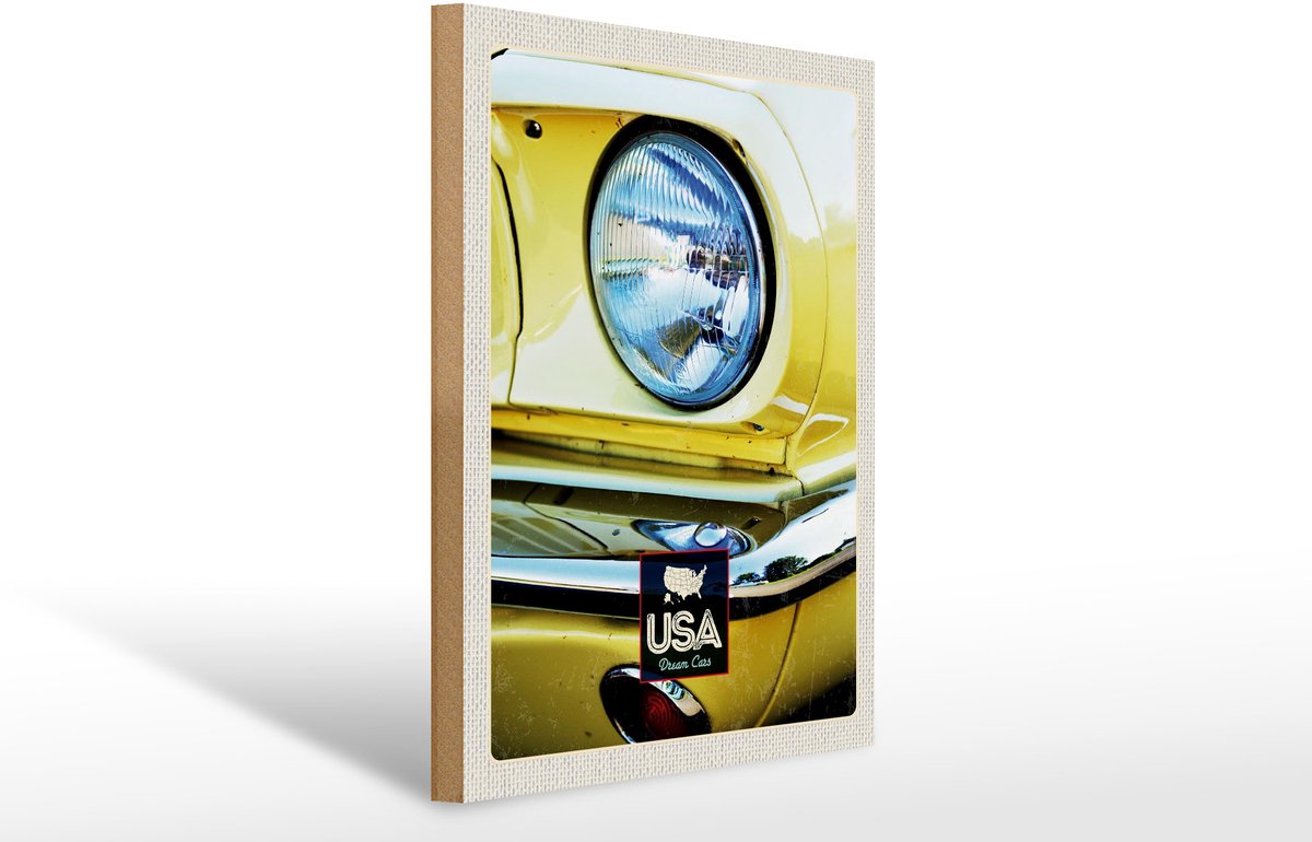 Holzschild Reise 30x40cm Amerika Oldtimer Scheinwerfer gelb