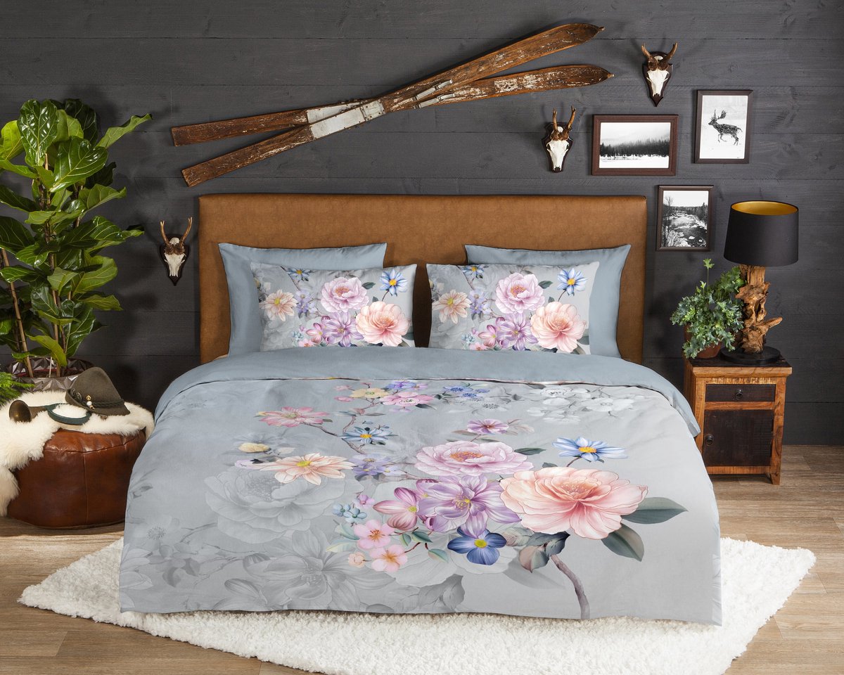 Good Morning dekbedovertrek bloemen - 2 persoons 200x200/220 cm - Grijs - 100% Katoen flanel