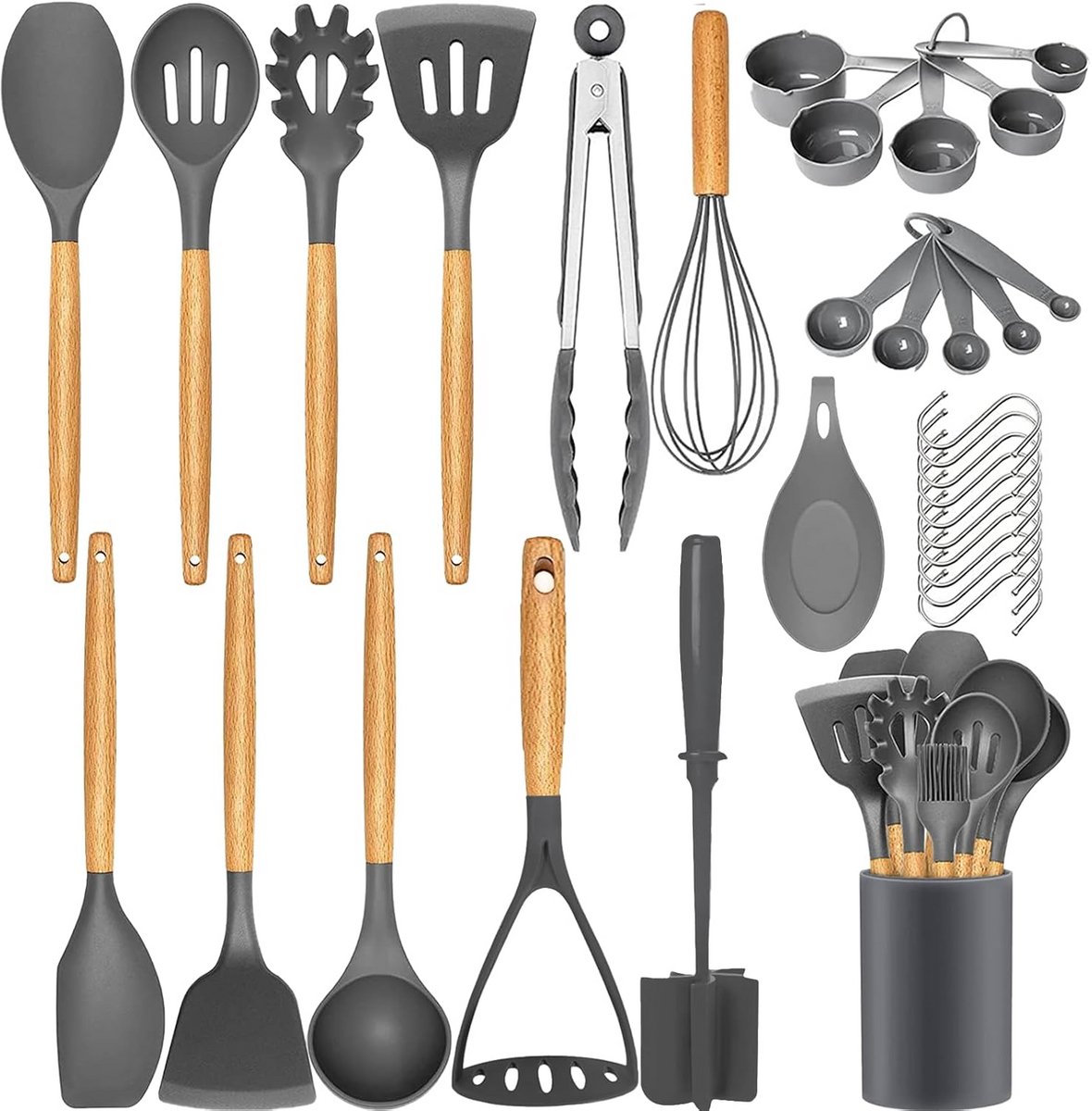 33-delige Non-Stick Siliconen Kookgerei Set met Houten Handvat