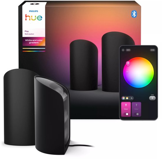 Boîte de Philips Hue Play wall washer avec deux lampes de table noires et un smartphone affichant une palette de couleurs.