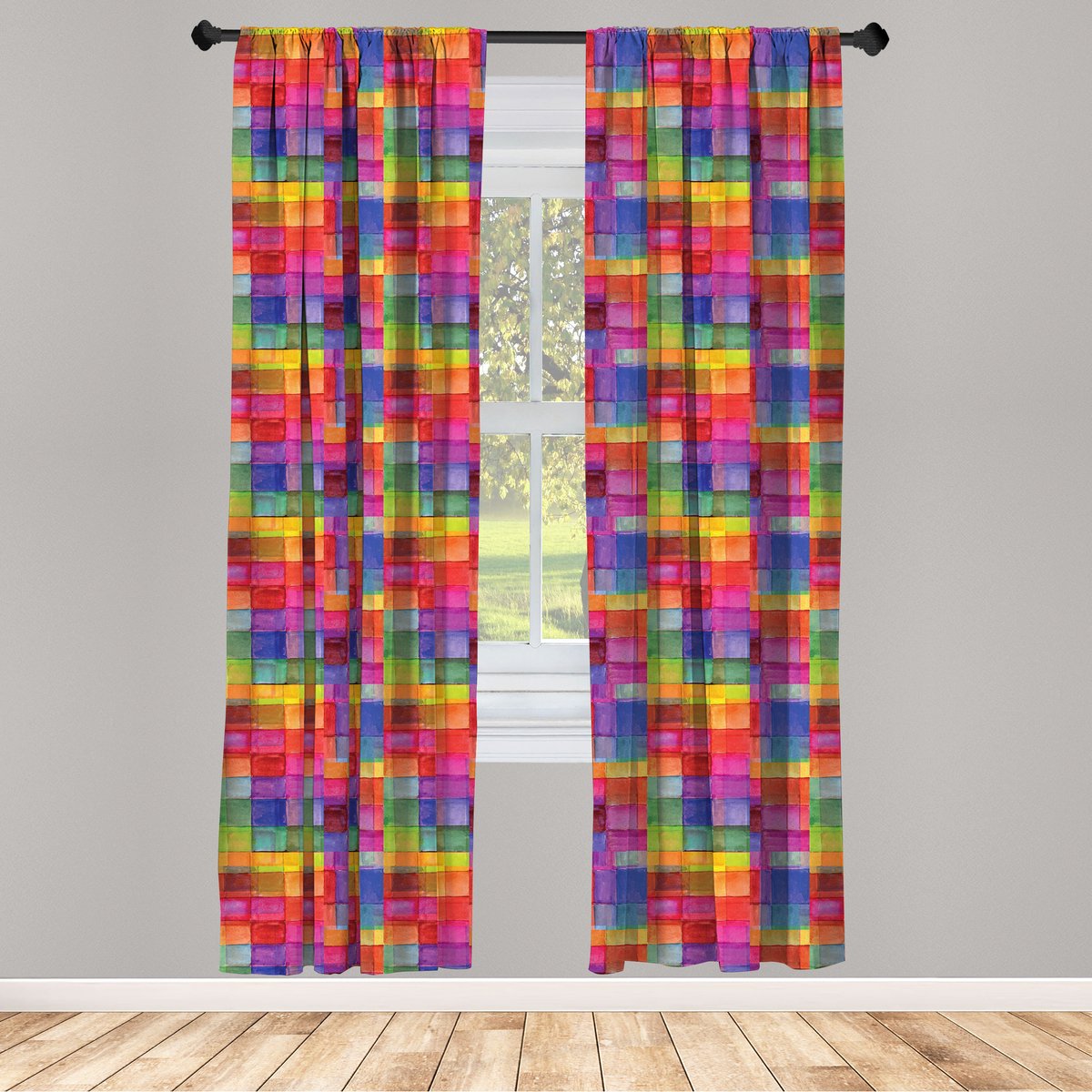 ABAKUHAUS Abstract Raamgordijnen, Regenboog-Kleuren-Vierkanten, Lichtgewicht decoratieve 2-delige set met roedezak, 2 stuks 75 cm B x 245 cm L, Meerkleurig