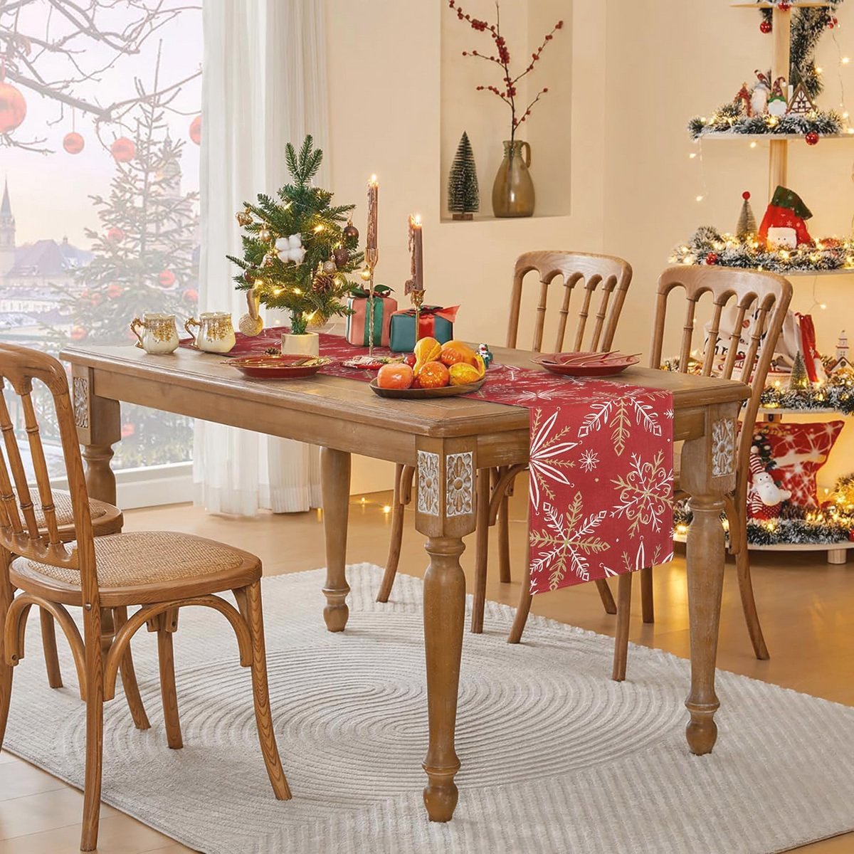 Tafelloper Kerstmis Rood Wit Sneeuwvlok 33 x 183 cm
