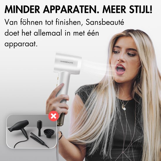 Sansbeauté® Föhn met Diffuser - Krullen - 110.000RPM - Ionische Haardroger met Borstel - 3 Standen - 3 Opzetstukken - Reisföhn - Sèche Cheveux - Krul Feun Set - Haarföhn met Defuser - Hair Blow Dryer - Kappersfohn - 2000W