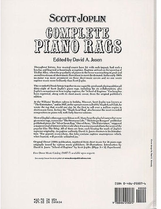 Achterkant van het boek Scott Joplin Complete Piano Rags, bewerkt door David A. Jasen. Met ISBN en prijsinformatie.