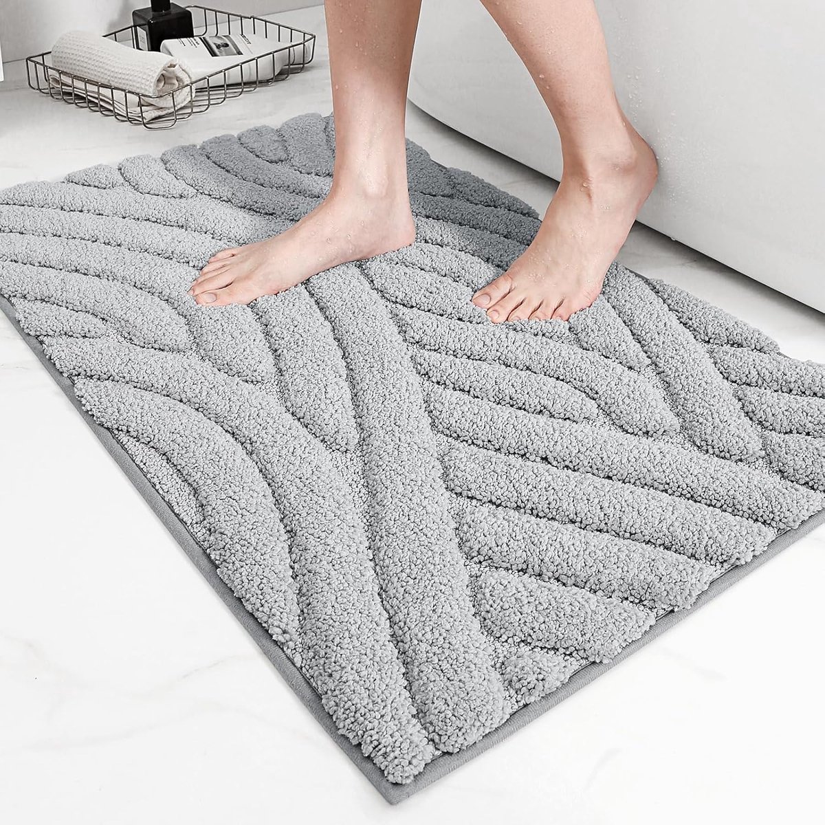 Stunq® Badkamertapijt, 40 x 60 cm, badmat, antislip, zacht, antislip, machinewasbaar, pluizige strepen badmatten voor badkamer, badkuip (grijs)