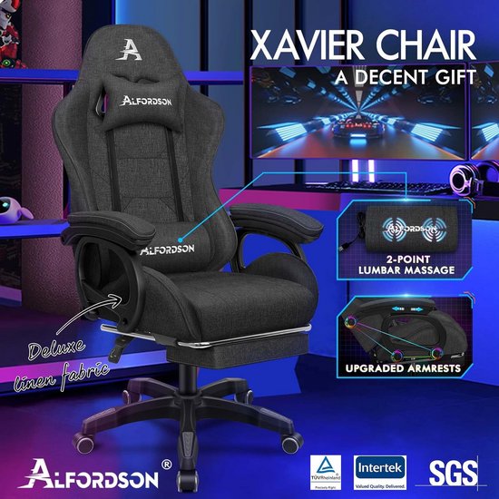 Ergonomische Gamingstoel met Massage Lendensteun - In Hoogte Verstelbare Draaistoel - Stof Grijs — afbeelding 2