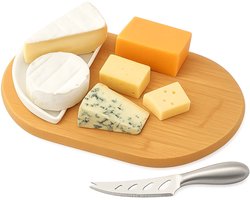 Lomera Kaasplank Set - Kaasplankje - Serveerplank - Ovaal Bamboe - Bakje & Mes - Porselein & Roestvrijstaal - Bamboe Kaasplank - Porseleinen Bakje - Roestvrijstalen Kaasmes - Ovale Plank - Serveerset - Kaas Serveerset