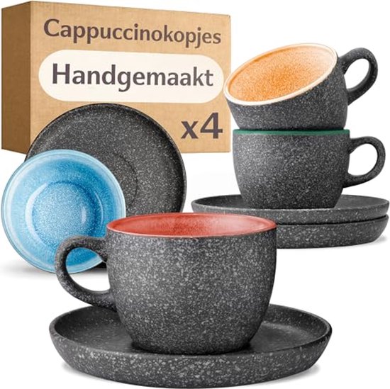 Tasses à Cappuccino avec Sous-verres - Set de 2 - Tasses à café en céramique de 200 ml - Handgemaakt avec un émail réactif - Longue conservation de la chaleur (Multicolore)