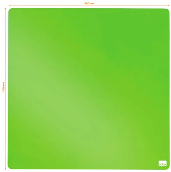 Vierkant, felgroen whiteboard met afmetingen 360 mm x 360 mm. Nobo-logo rechtsonder.