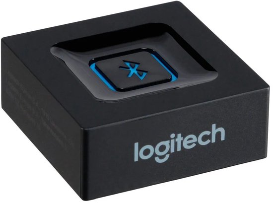Zwarte vierkante adapter met blauw verlicht Bluetooth-logo en Logitech-logo aan de zijkant.