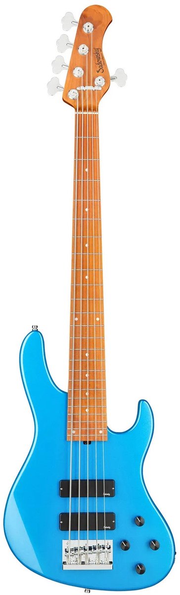 Sadowsky MetroExpress 24-5 Modern Roasted Maple Solid Ocean Blue Metallic High Polish 5-snarige basgitaar met gigbag