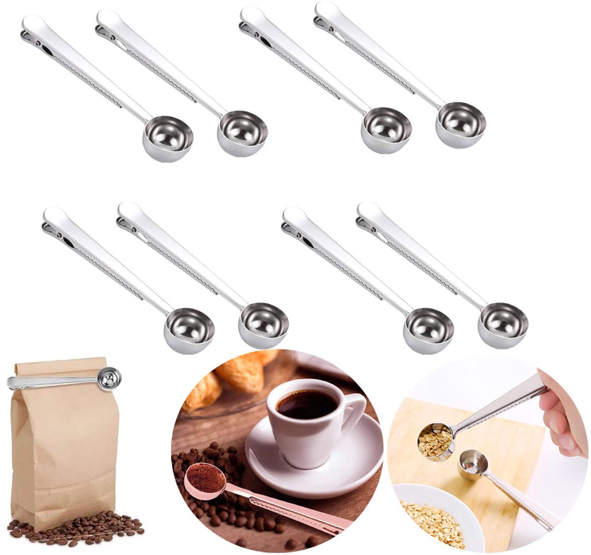 8 stuks koffieschepje - maatschepjes - maatschepje koffie - Koffie Accessoires - Koffieschepje Met Klem - Lucht Dicht Afsluiten - RVS - multifunctionele koffielepel - maatlepel voor melkpoeder - koffiedoseerlepel met zaksluitingsclip - ZWART