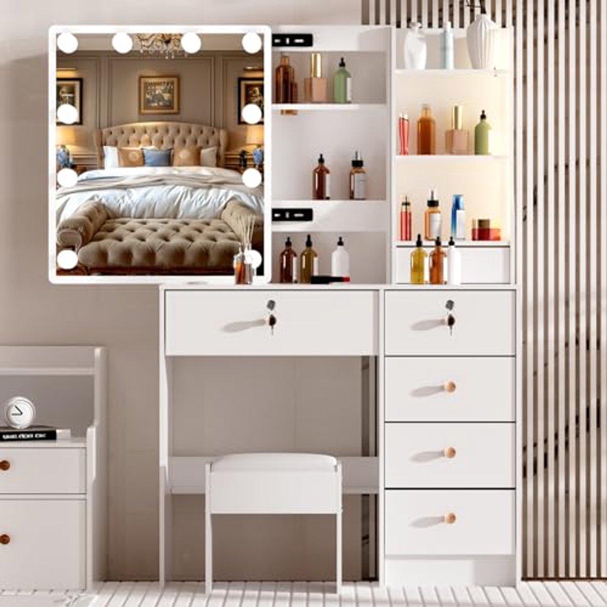 Make-uptafel Met Verlichting en Instelbare Helderheid, 6 Laden en Planken, Wit