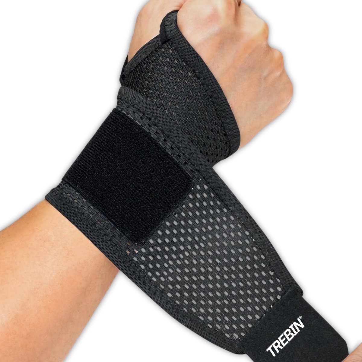 Trebin Polsbrace bij Carpaal Tunnel Syndroom en Overbelasting - Elastische Polsbandage van Ademend Mesh - Links en Rechts - One Size - Zwart