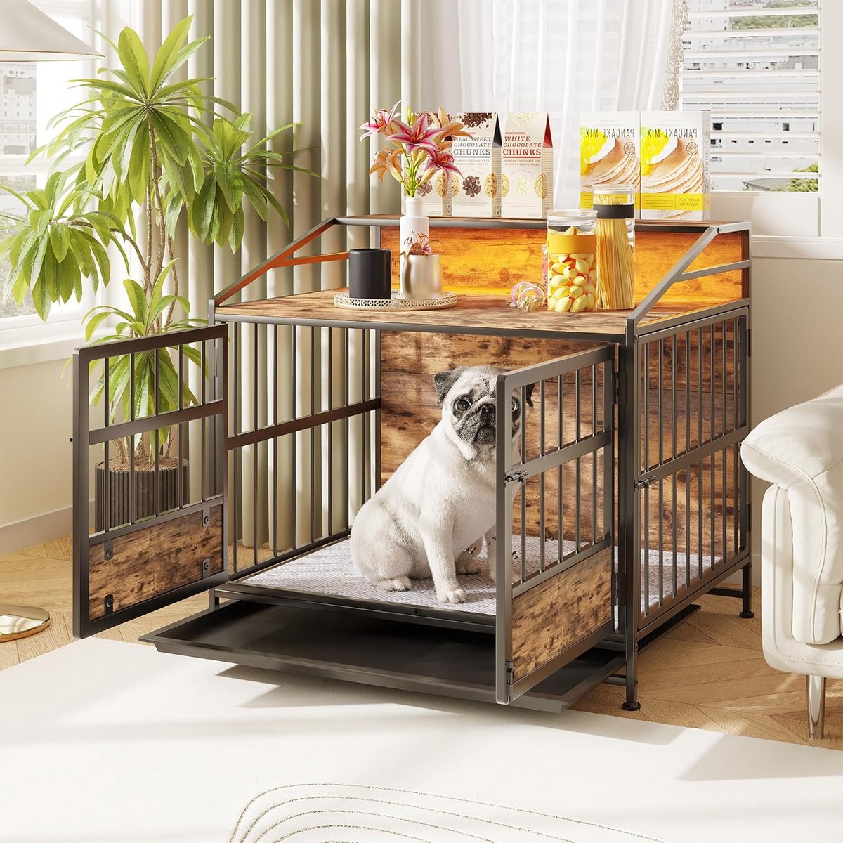 Hondenkennel Meubel met Tafelblad en Opbergrek - Houten Hondenbox voor Binnen