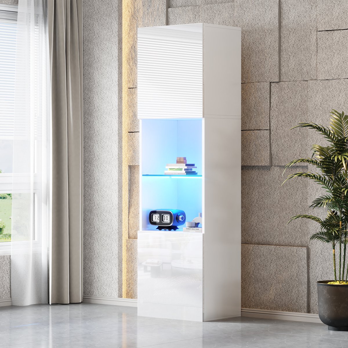 Wishdor Vitrinekast - Hoogglans - Met Ledverlichting - Met Glazen Legplank - Spaanplaat - Wit - 45 x 35 x 160 cm