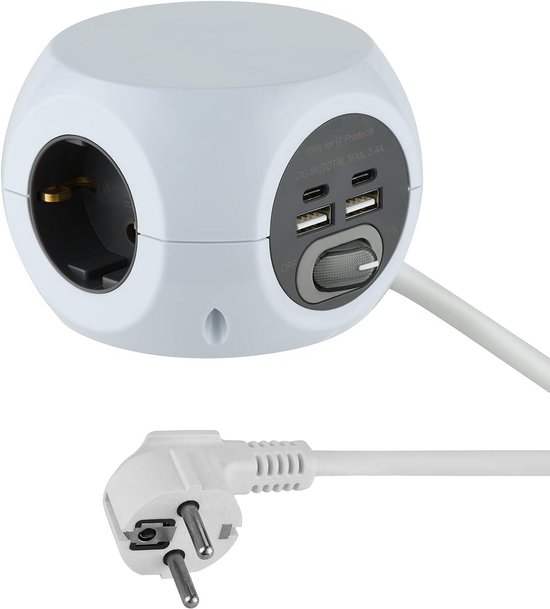 DEWIN 8-in-1 stekkerdoos kubus, wandcontactdoos met schakelaar