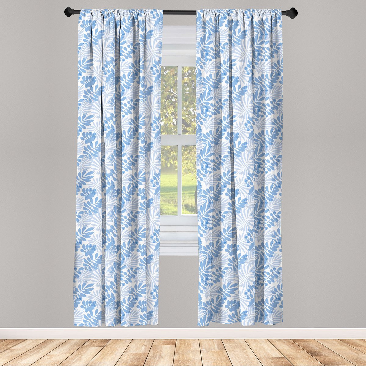 ABAKUHAUS Hawaii-bladeren – 2-paneelgordijn – lichtblauw/wit – 75x245 cm