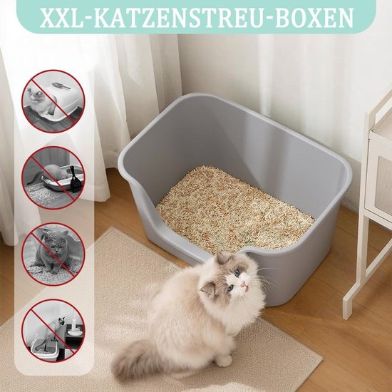 Een grote grijze kattenbak met kattenbakvulling. Een kat met witte en grijze vacht zit ernaast. Links: symbolen die verkeerd gebruik van kattenbakken afkeuren.