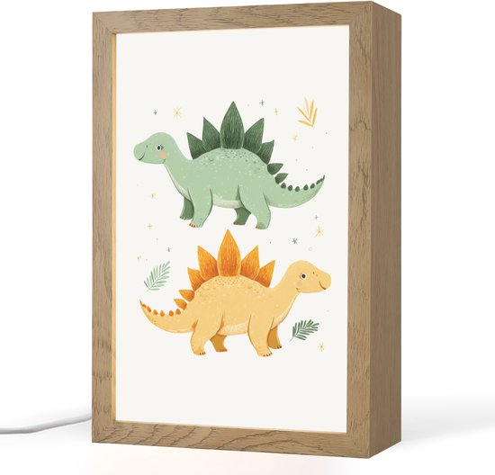 Nachtlampje 20x30 cm - Kinder lampje - Sterren - Stegosaurussen - Blaadjes - Groen - Tafellamp kinderkamer - Slaapkamer lamp - Bedlamp kinderen - Kinderlampje stopcontact - Wandlamp babykamer - Nachtlampjes
