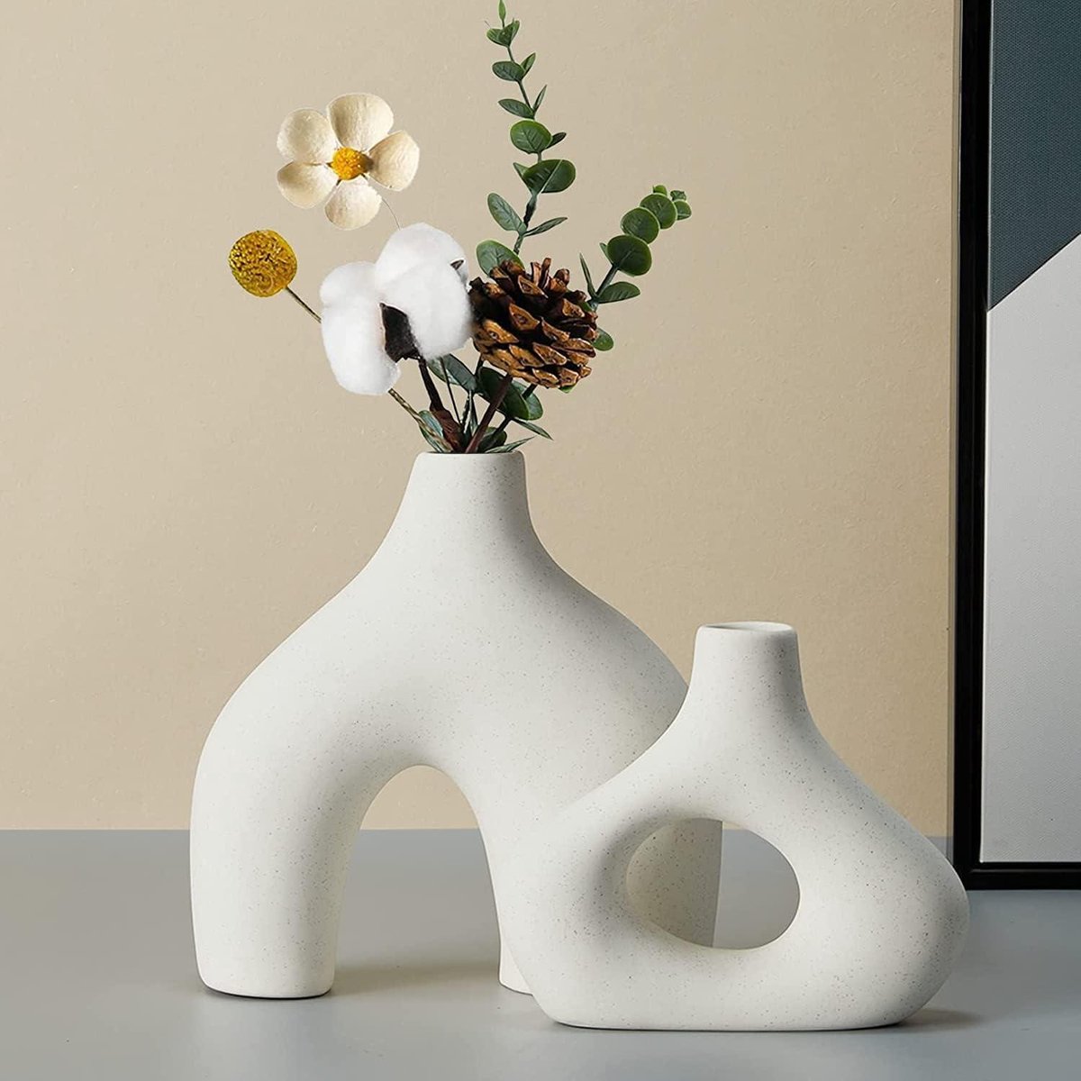 Set van 2 witte keramische dubbele vazen - Scandinavisch design voor woonkamer, bruiloft, feest - decoratieve vazen voor boho en minimalistische interieurs