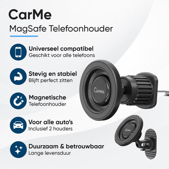 Zwarte magnetische MagSafe telefoonhouder van CarMe, universeel compatibel en stevig.
