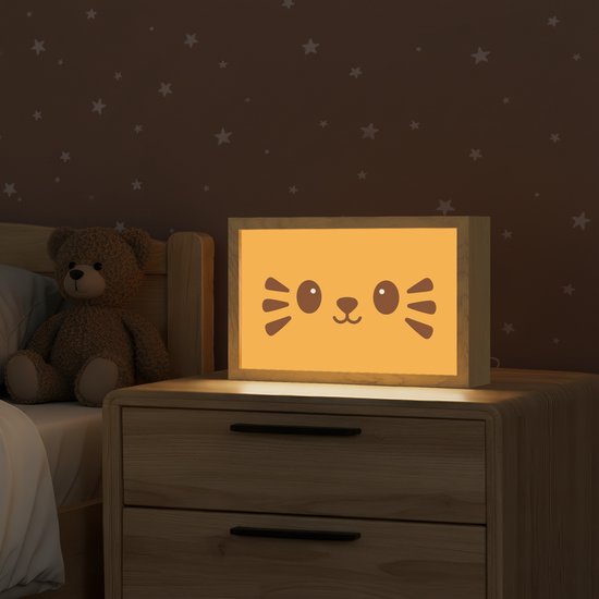 Nachtlampje 30x20 cm - Kinder lampje - Kat - Simplistisch - Oranje - Vrolijk - Tafellamp kinderkamer - Slaapkamer lamp - Bedlamp kinderen - Kinderlampje stopcontact - Wandlamp babykamer - Nachtlampjes van Merkloos — afbeelding 2