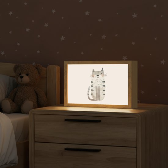 Nachtlampje 30x20 cm - Kinder lampje - Kat - Dieren - Beige - Tafellamp kinderkamer - Slaapkamer lamp - Bedlamp kinderen - Kinderlampje stopcontact - Wandlamp babykamer - Nachtlampjes van OnlyWow — afbeelding 2