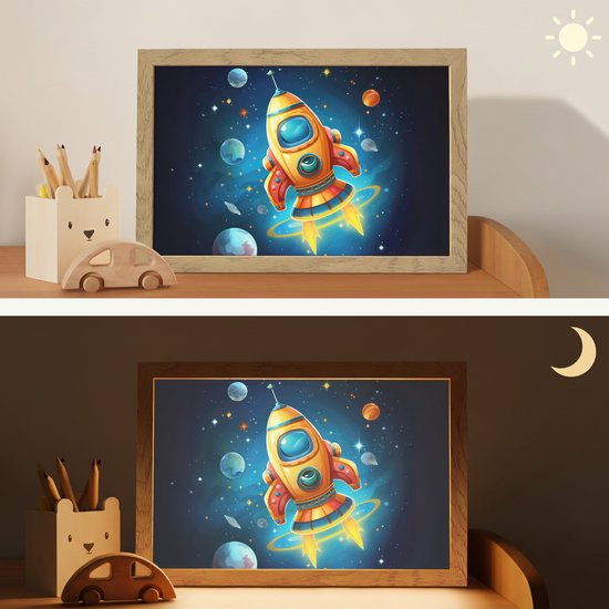 Nachtlampje 30x20 cm - Kinder lamp - Raket - Ruimte - Planeten - Kinderen - Jongen - Tafellamp kinderkamer - Slaapkamer lamp - Bedlamp kinderen - Kinderlampje stopcontact - Wandlamp babykamer - Nachtlampjes van Merkloos — afbeelding 4