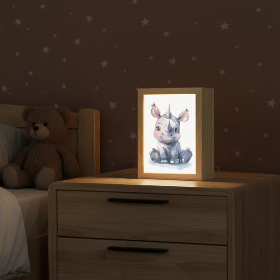 Nachtlampje 15x20 cm - Kinder lamp - Neushoorn - Baby dier - Dieren - Tafellamp kinderkamer - Slaapkamer lamp - Bedlamp kinderen - Kinderlampje stopcontact - Wandlamp babykamer - Nachtlampjes van Merkloos — afbeelding 2