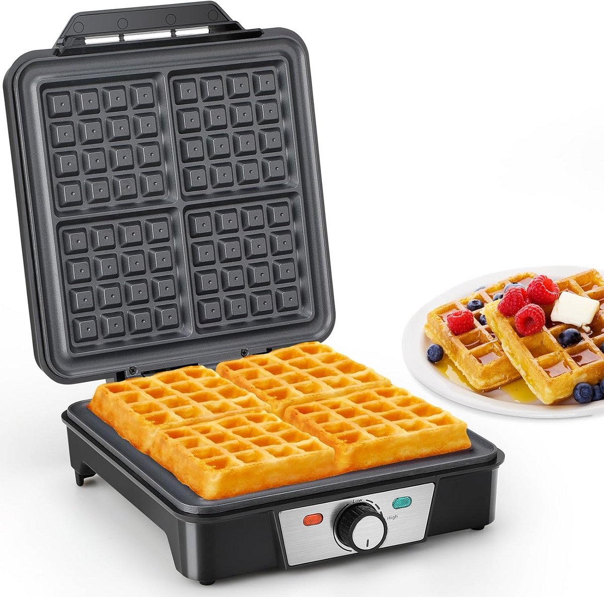 Belgisch Wafelijzer voor 4 Wafels met Antiaanbaklaag en Temperatuurregeling