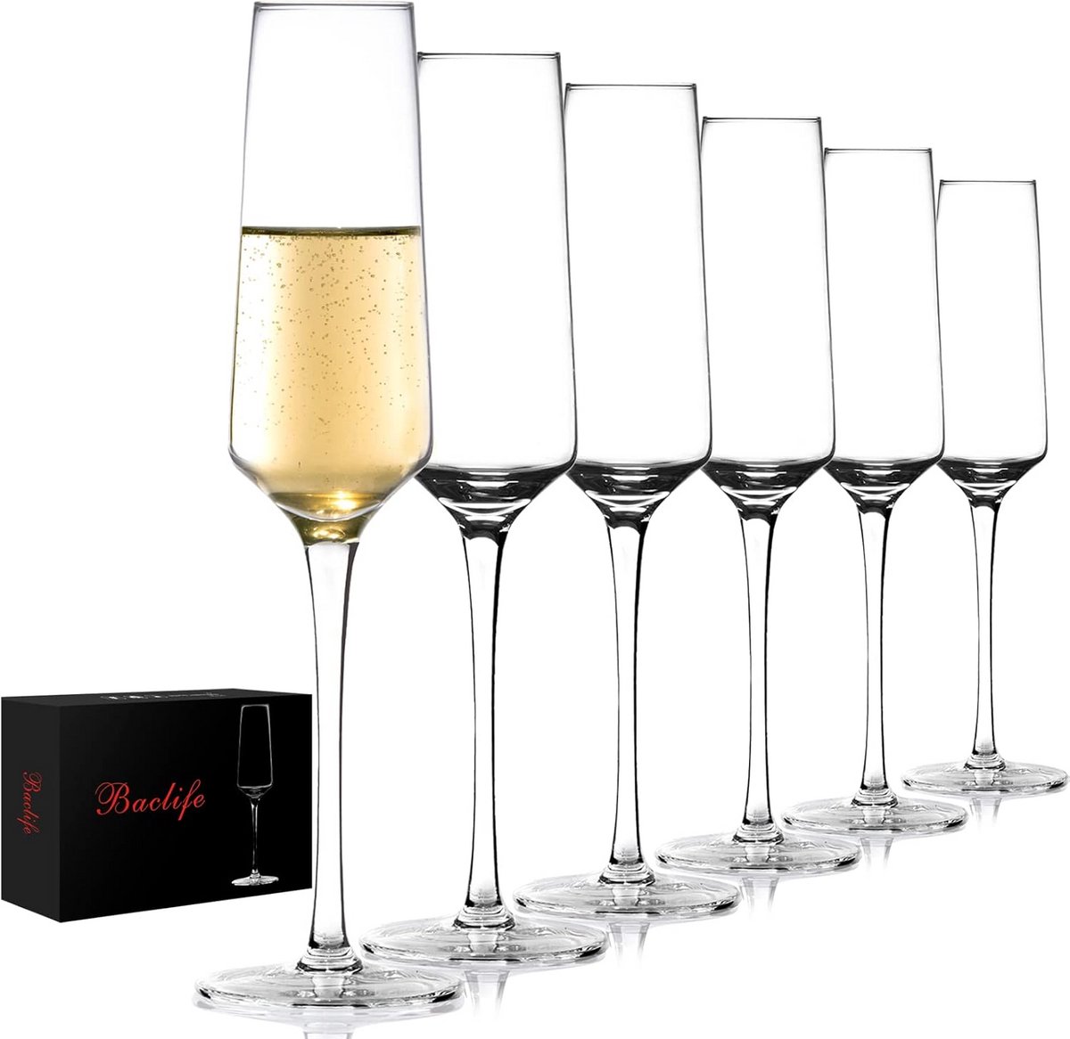 Set van 6 Handgeblazen Kristallen Champagneglazen - Elegante Fluiten