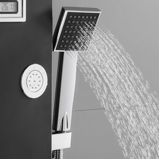 Werkende vierkante handdouche met waterstralen en een rond massage-element ernaast.