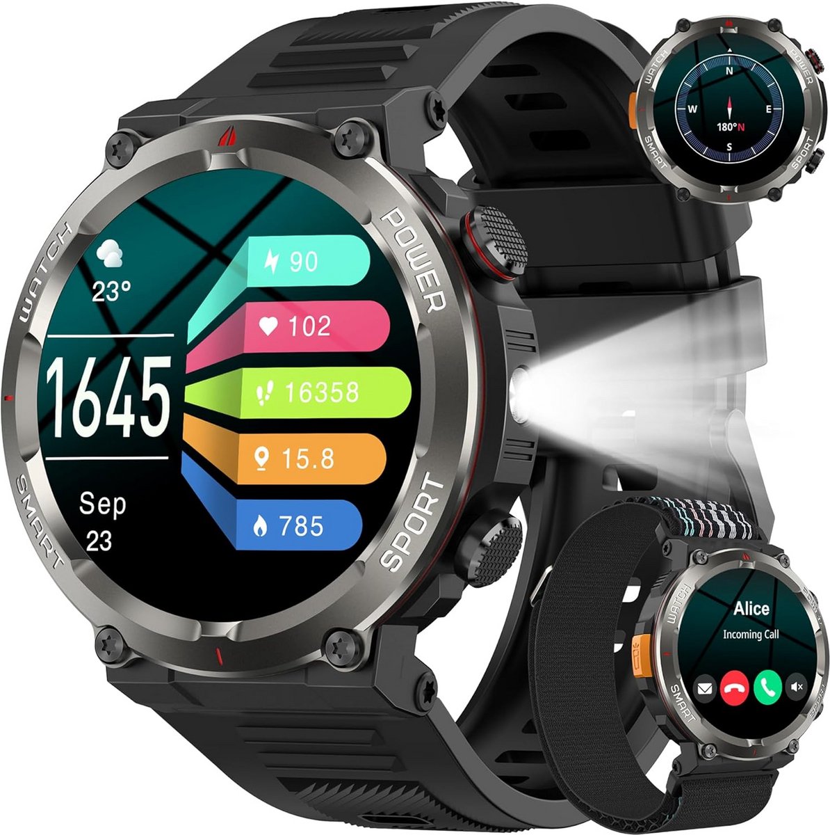 Robuuste Smartwatch Heren met HD-Scherm, 100 Dagen Batterij, Kompas & Gezondheidsmonitoring