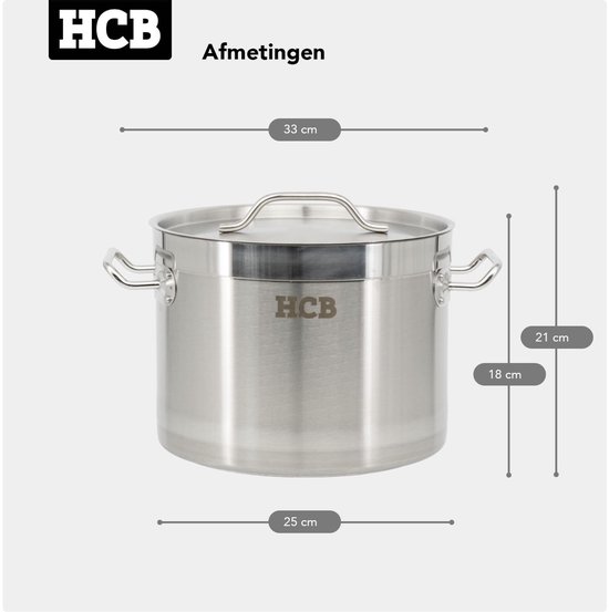 Afmetingen van een roestvrijstalen HcB kookpan met deksel, met maten aangegeven.