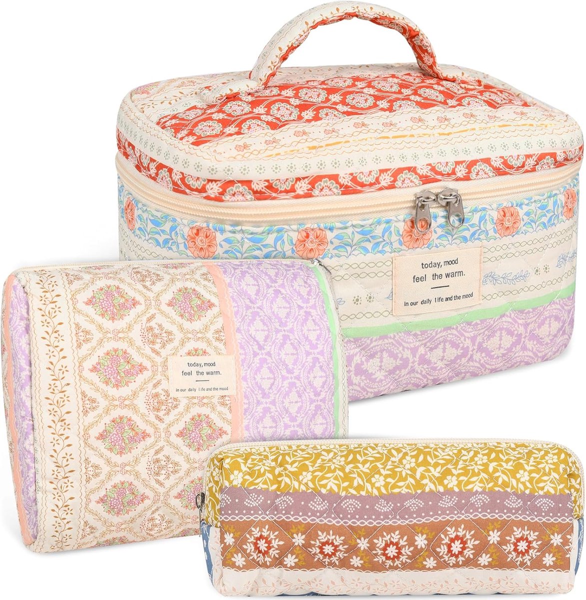 Make-up Tas - Gequilt Make-up Tas - Grote Bloemenprint Make-up Tas - Schattige 3-delige Make-up Tas Set (Kleurblockmodel)