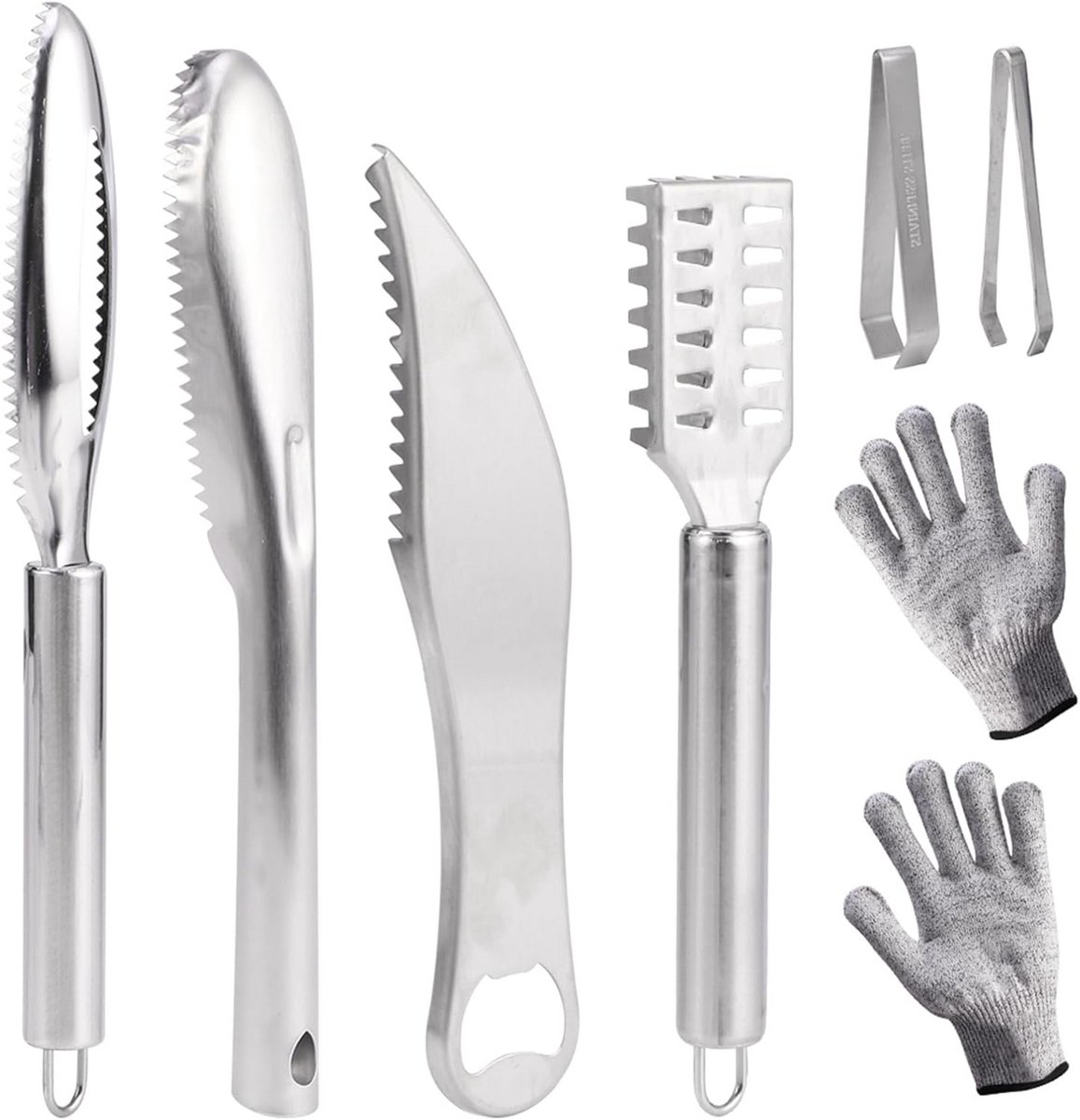 Visschaalverwijderaar Set met Handschoenen - 8-delige Set met Schrapers Borstel en Opbergzak voor het Schoonmaken van Vis
