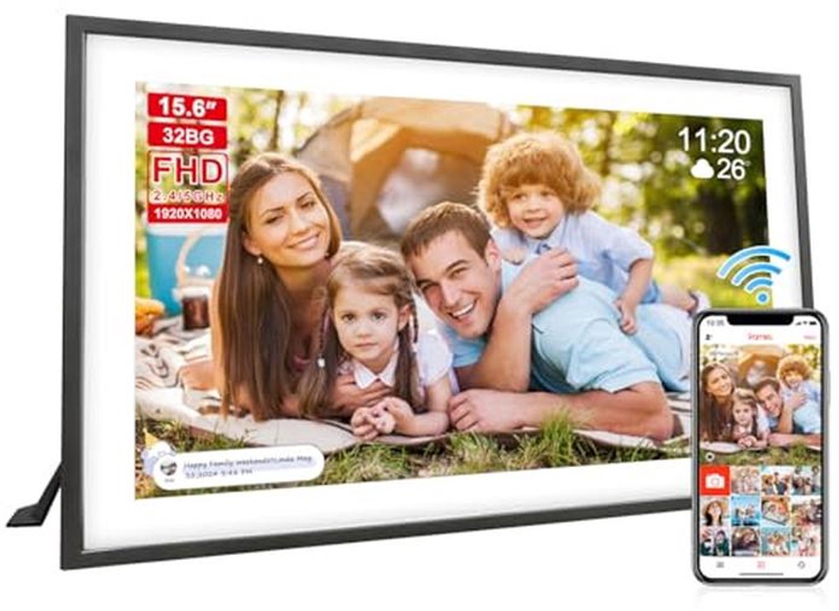 Slimme 15,6 inch digitale fotolijst met HD touchscreen en 32 GB opslag