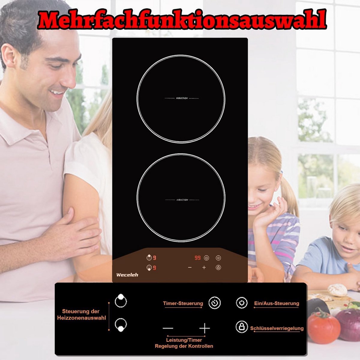 Inbouw Inductiekookplaat 2 Zones met Timer en RVS Frame - 3500W, 28 cm