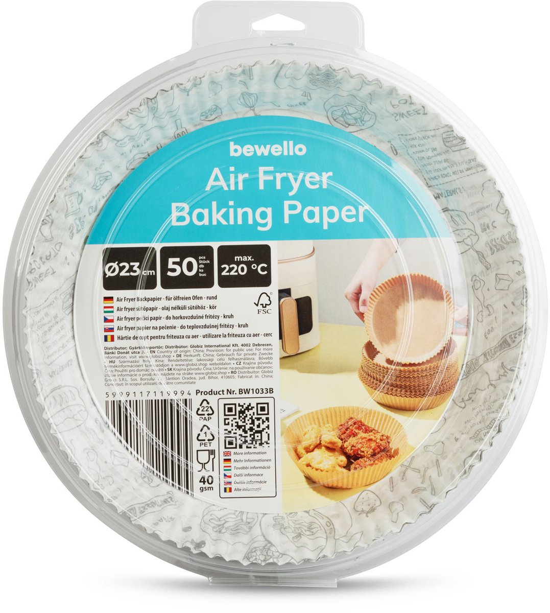 Airfryer Bakpapier Rond – Voor Olievrij Koken – 50 Stuks - Anti Aanbak Parchment Papier – Ø 23 Cm – Hittebestendig Tot 220 °C – Geschikt Voor Airfryer Oven En Magnetron – Wegwerp Gebruik [BW1033B]