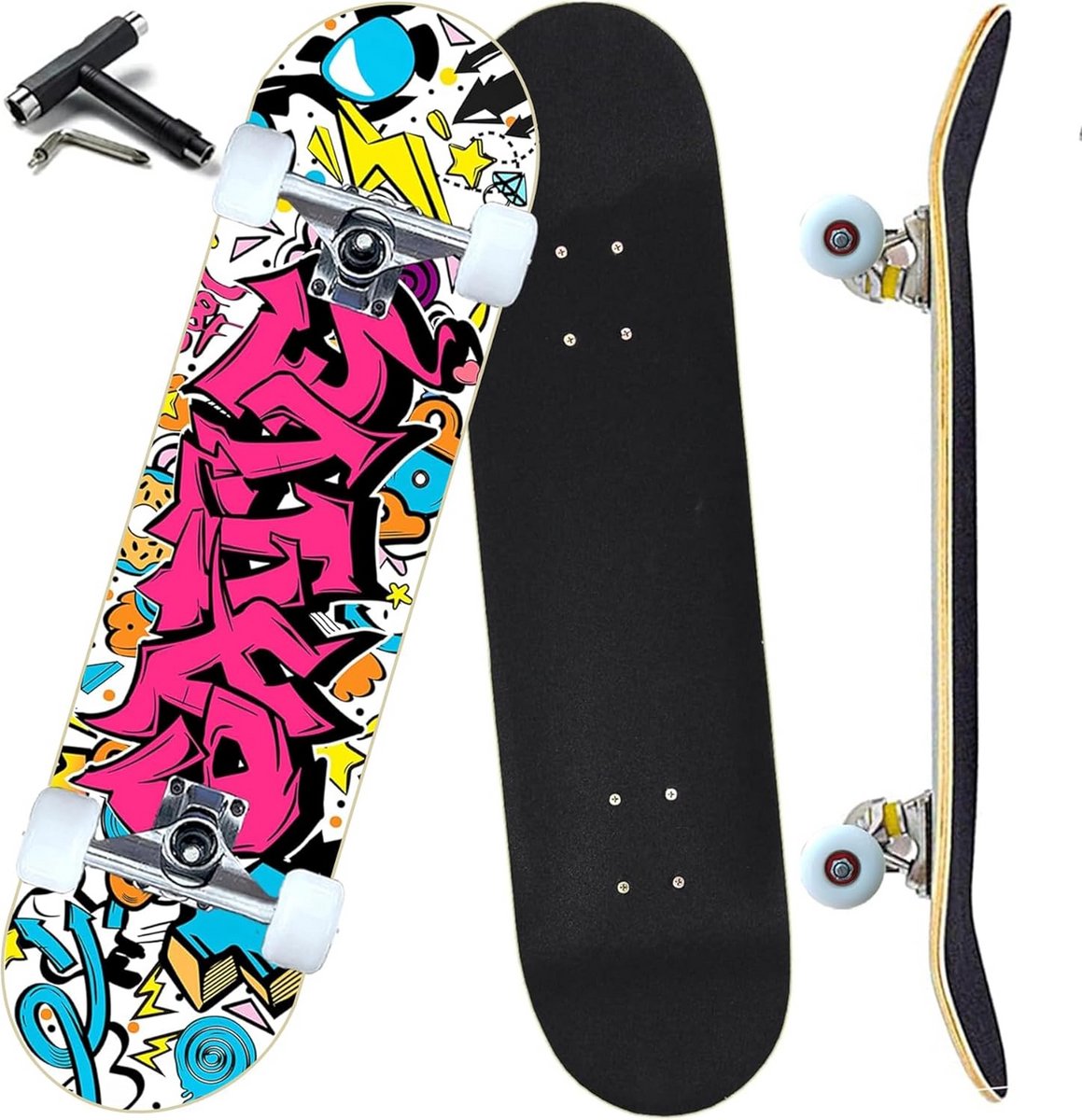 Compleet Skateboard voor Beginners tot Volwassenen 7 Lagen Esdoorn Hout Dubbele Kick Concave Multicolor