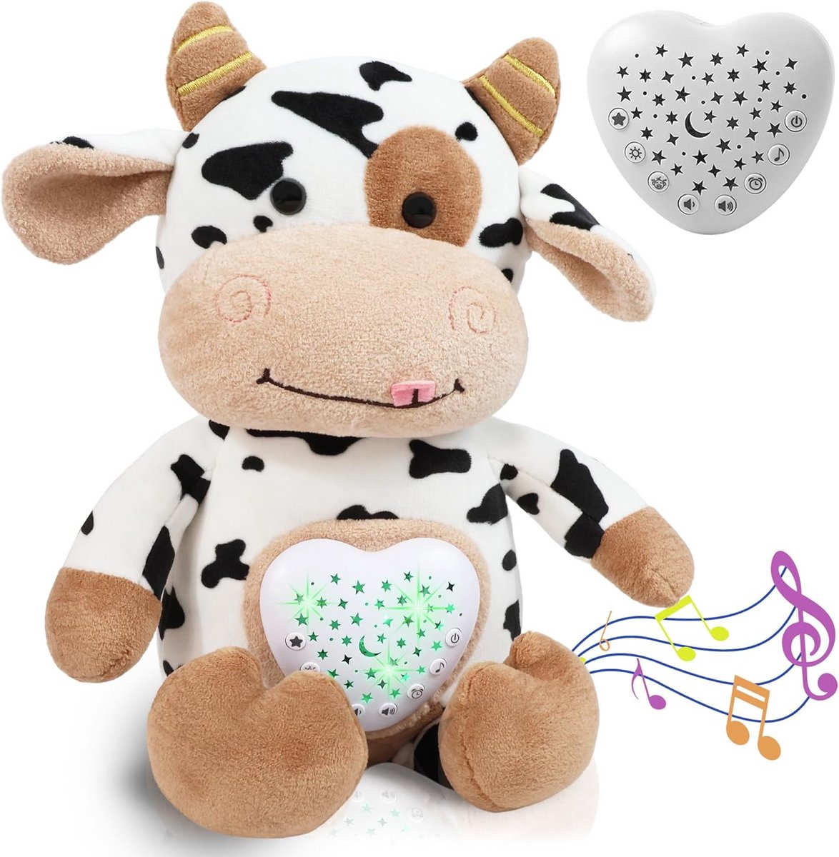 Witte pluche babyvriend, 15 melodieën, zelf-timer, huurmelder, USB-opladen voor slaapmuziek, babyprojector, perfect cadeau voor pasgeborenen