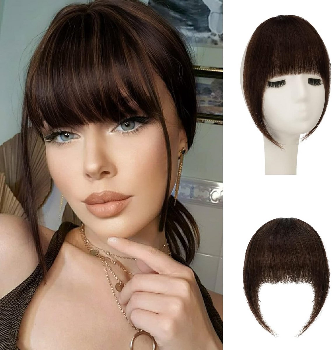 Clip In Pony van 100% Menselijk Haar - Natuurlijke Franse Bangs voor Vrouwen - Medium Bruin