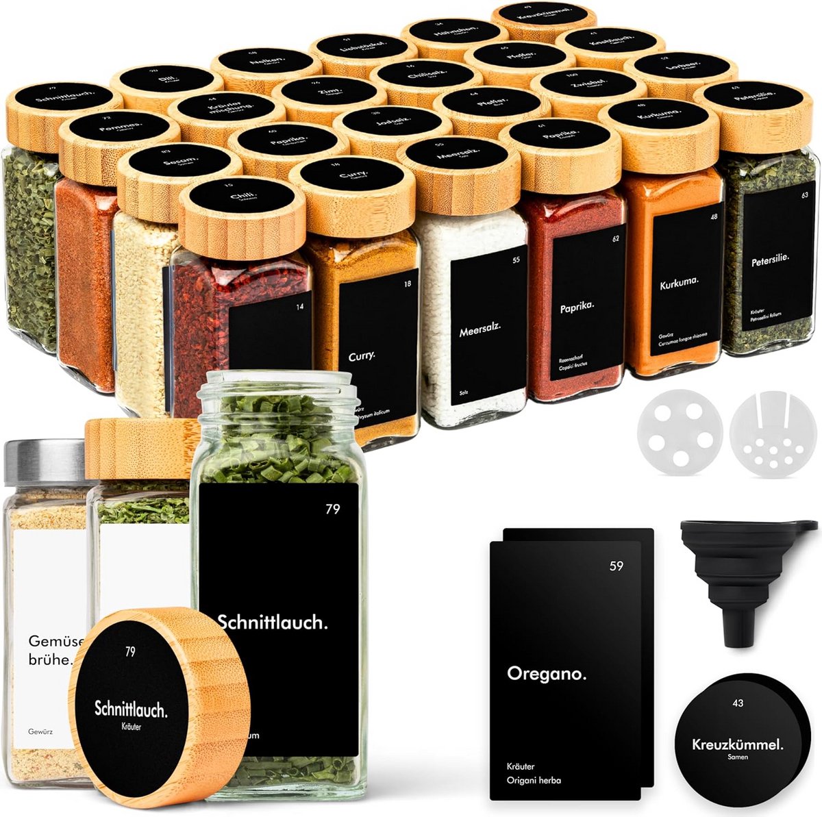 Spice Jars Set with Airtight Black Bamboo Lids - 24 x 120 ml, Waterproof Labels