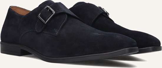 Donkerblauwe suède single monk strap schoenen met zilveren gesp, STEFANO LAURAN PARIS op de binnenzool.