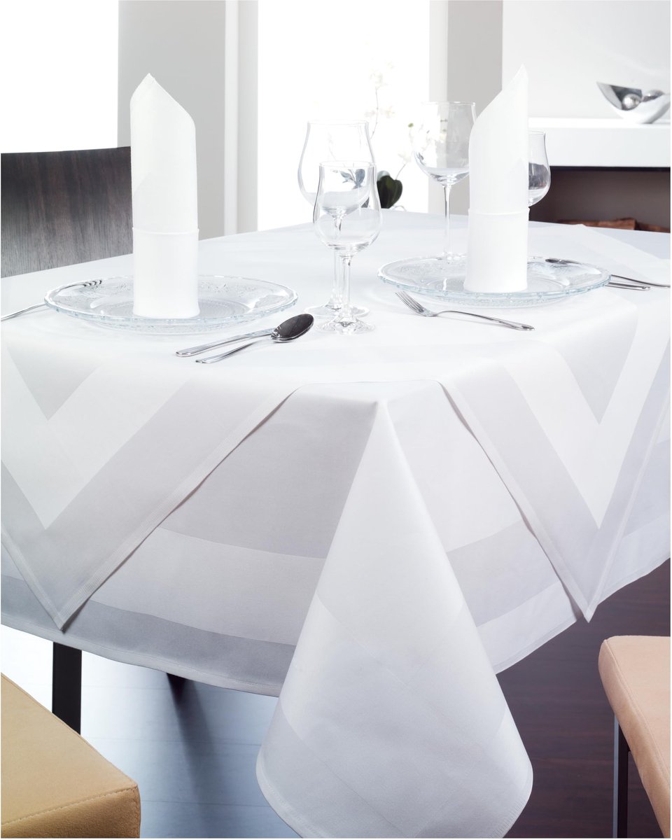 Unyqoos® Elegant wit damast tafelkleed met satijnen rand van 100% katoen