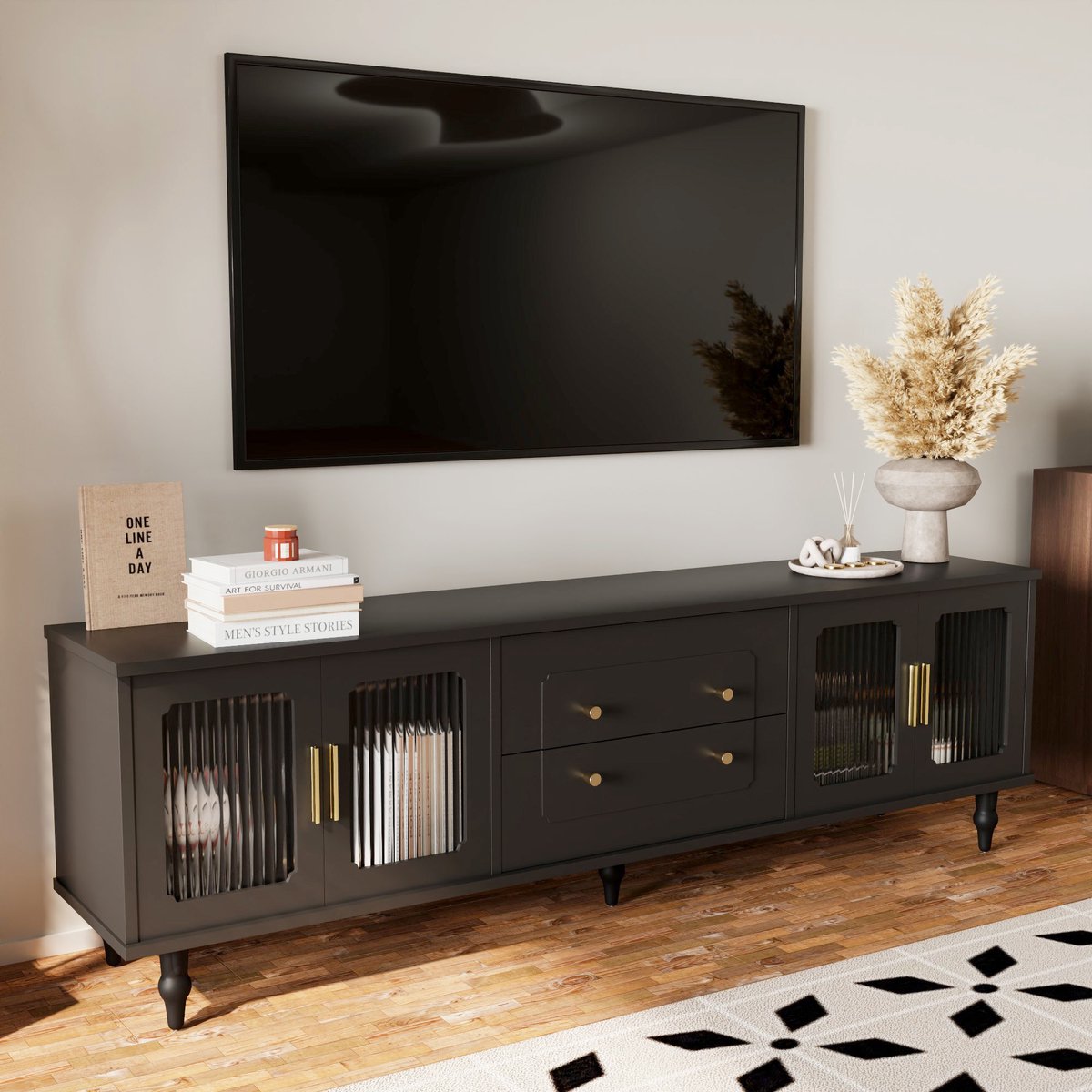 OKWISH TV-Meubel – Retro Design 4 Deuren + 2 Lades – Zonder LED – Geribbelde Glasdeuren & 